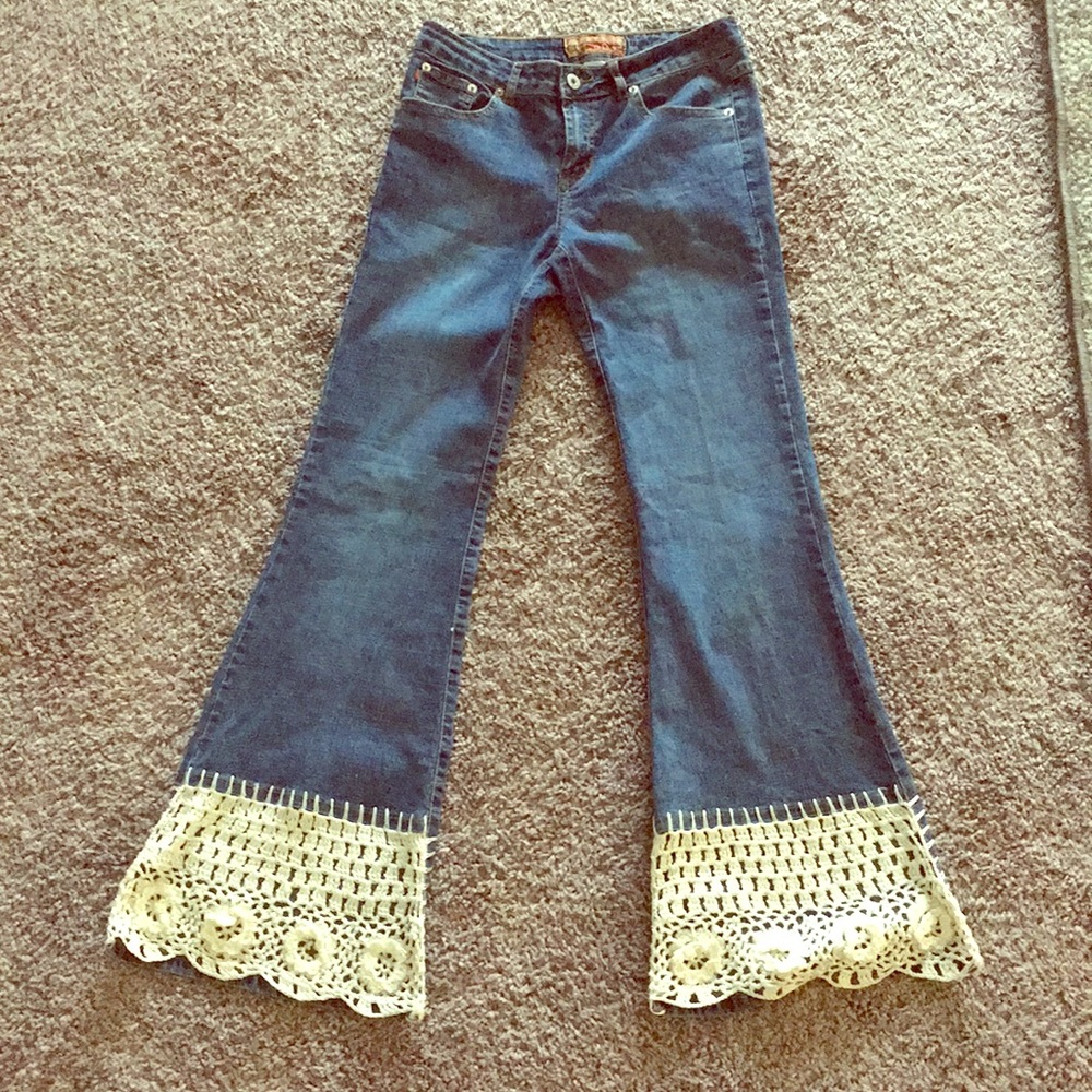 Floral Crochet Bell Bottom Jeans